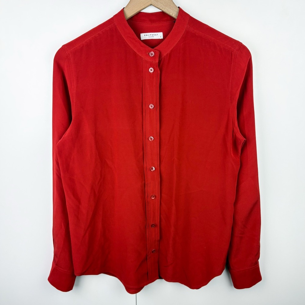 Equipment 100% Silk Femme Signature Mandarin Collar Button Down Blouse Rust Red